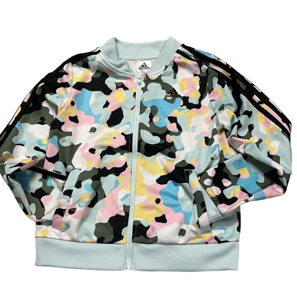 Adidas Allover Print 3-Stripes on Sleeve Full Zip Unlined Jacket Size M 10/12